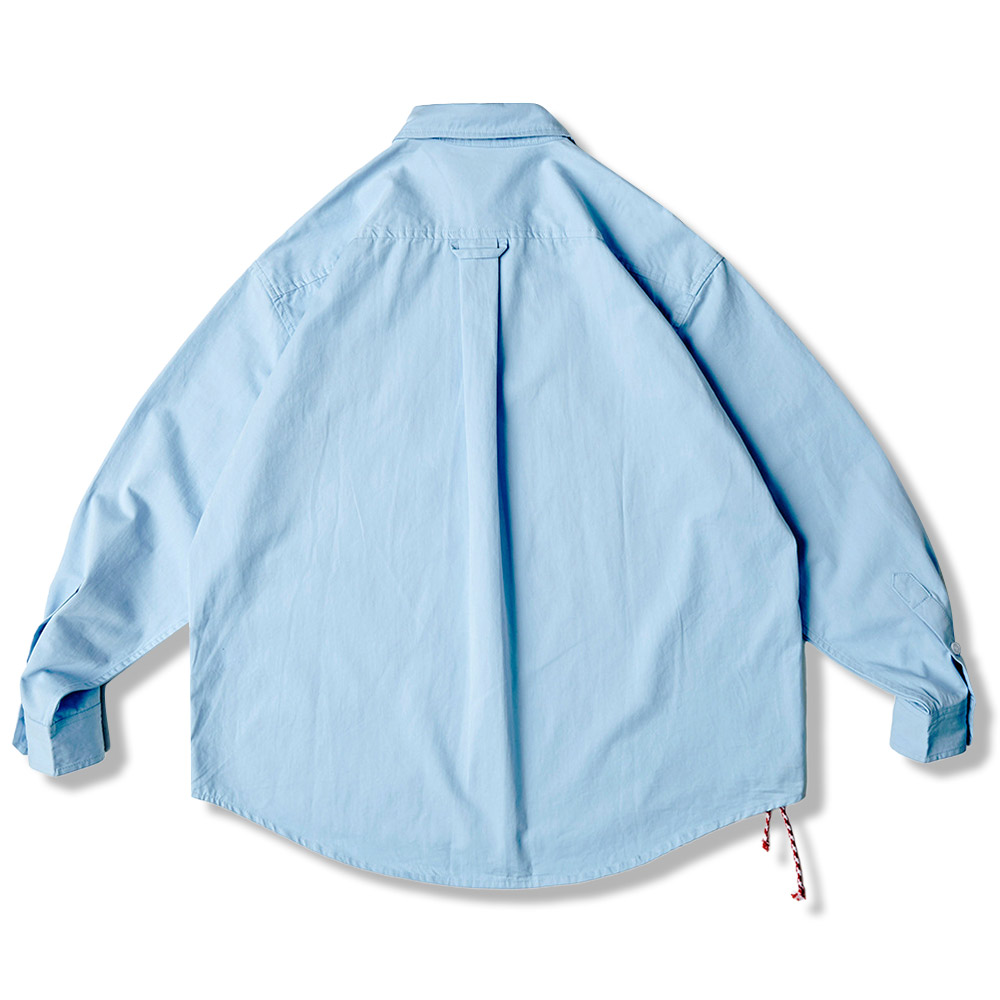 高密度ヘビーウェイト　裾赤ドローストリング付きコットン長袖シャツ