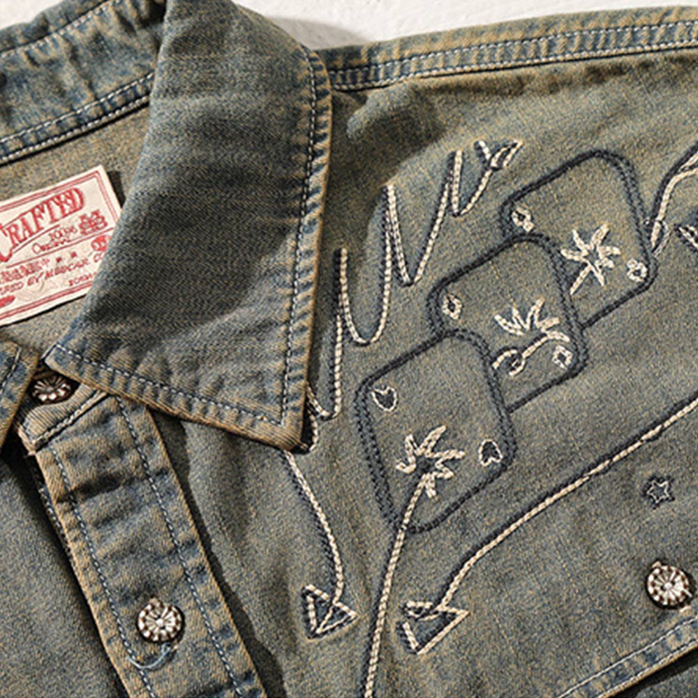 アメカジ刺繍ウォッシュデニムシャツ長袖
